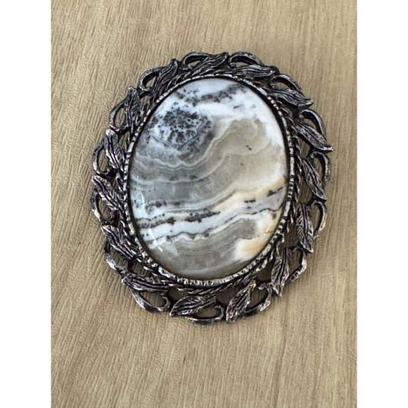 Dendritic Jasper Vintage Brooch Pin Gray & White Stone Metal Frame 2" x 2.5" - Picture 6 of 7